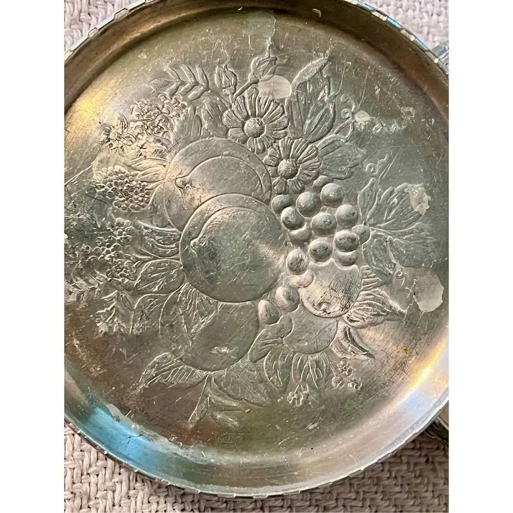 8 Vintage Metal Aluminum Forged Coasters Fruit Flower Pattern Scallop Edge Retro